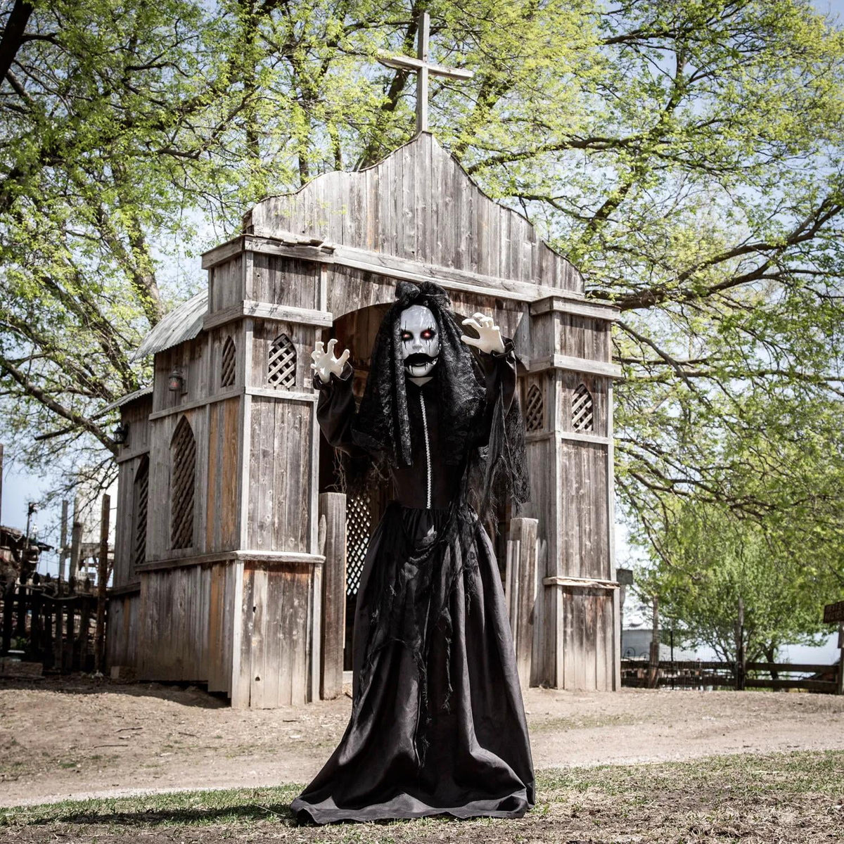 Haunt & Co 5 Ft. 6" Jaw-Dropping Scary Bride with Black Dress Standing