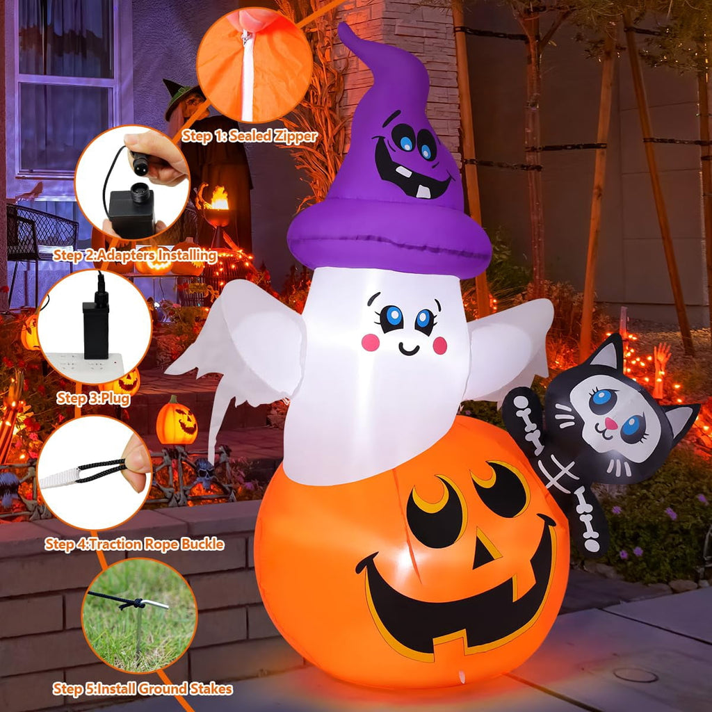 Haunt & Co COMIN 5 FT Halloween Inflatables Pumpkin Ghost Cat Outdoor Decorations Blow Up Yard with Built-in LEDs