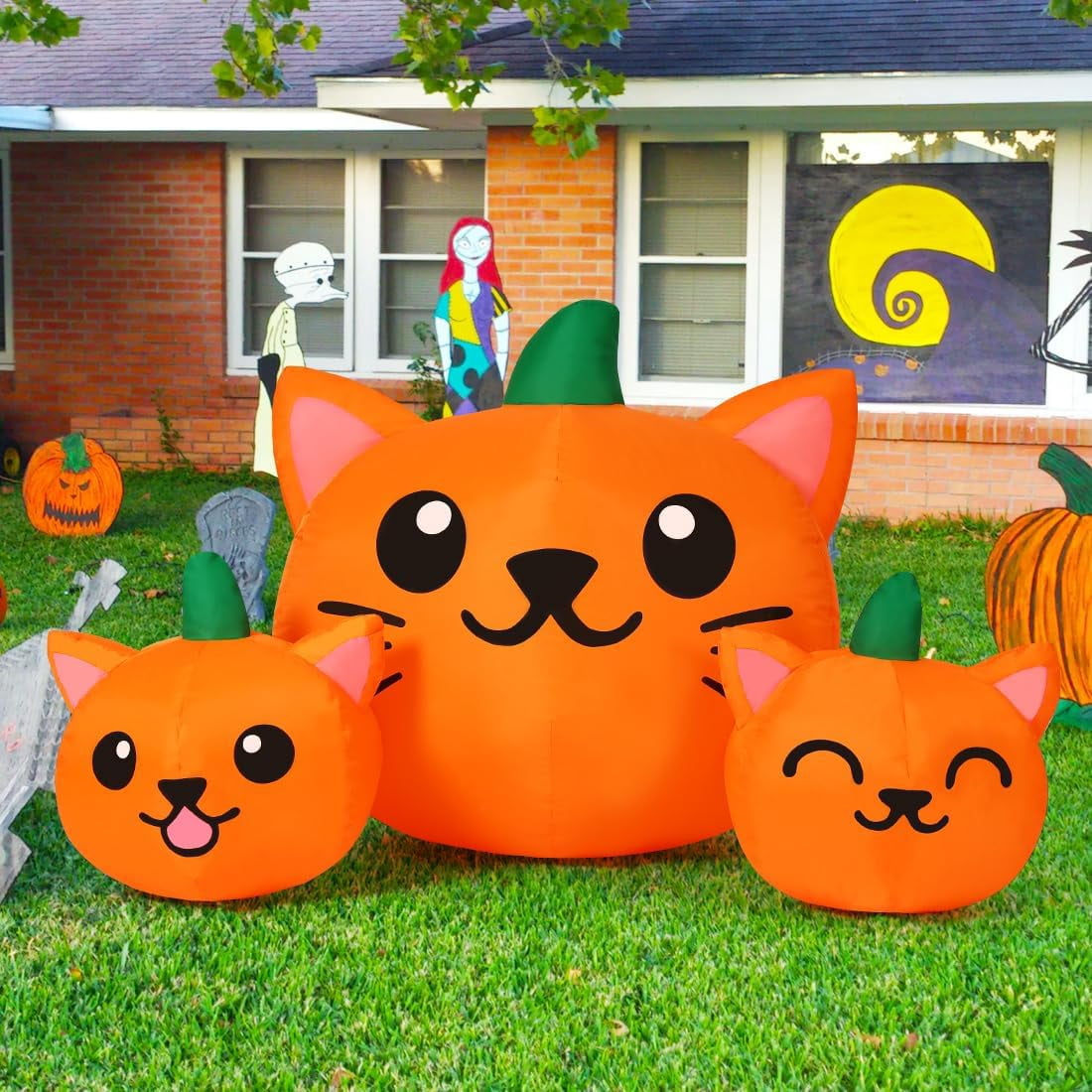 Haunt & Co COMIN Halloween Inflatable 5 FT Long Three Pumpkin Cat Head Combo with Built-in LEDs, Blow Up Yard Decoration for Holiday Party Indoor, Outdoor, Yard, Garden, Lawn