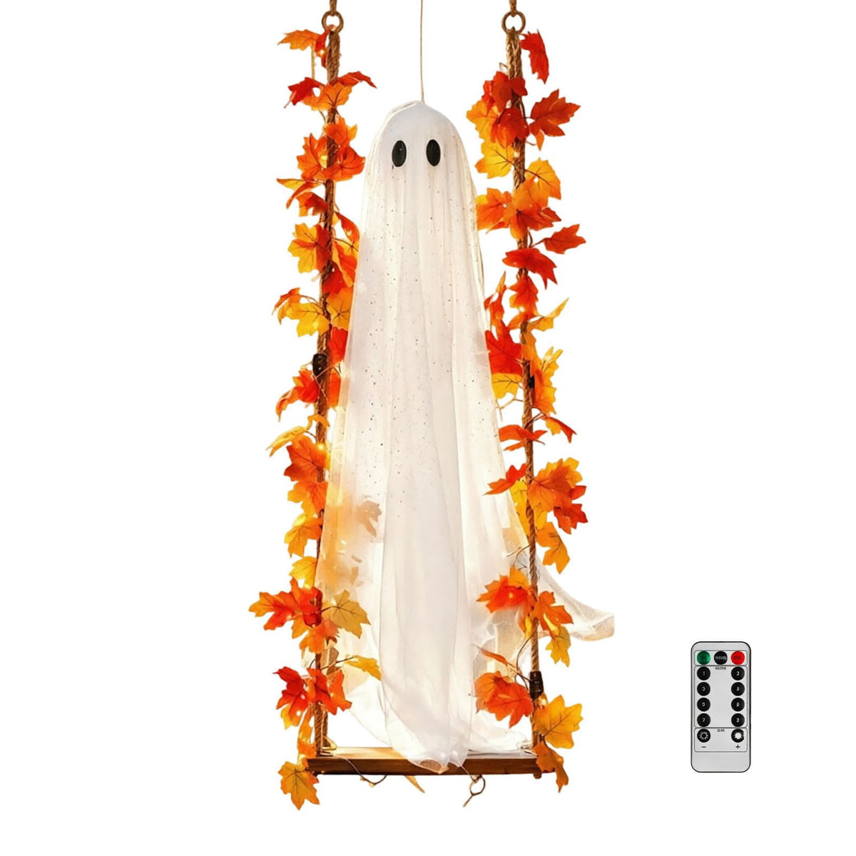 Haunt & Co Nnndbs Maple Leaf Mesh Ghost Hanging Ornament, Halloween Autumn Leaf Decor for Window Door Display, Spooky Fall Home Accent`