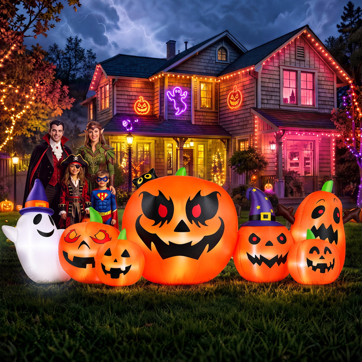 Haunt & Co 7.9FT Halloween Inflatable Pumpkin Ghost with Lights, Halloween Blow Ups Outdoor Decoration for Home Party