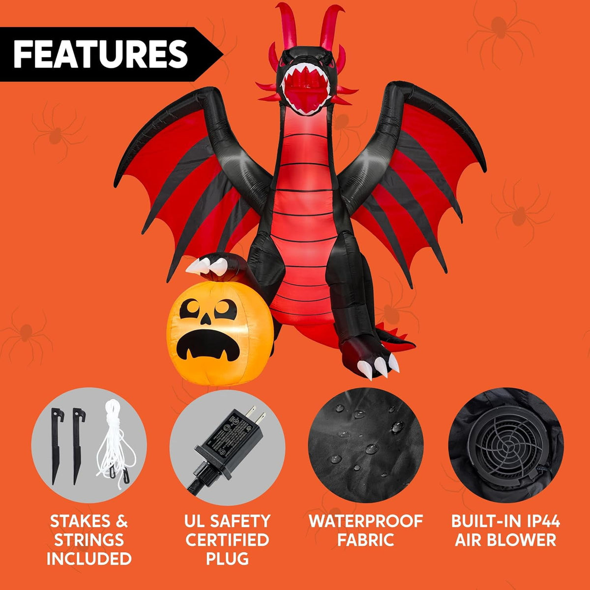 Haunt & Co 8 ft Halloween Inflatable Fire Dragon with Pumpkin,Animated Moving Mouth & Internal LED Lights, Outdoor Lawn Garden Indoor Porch Patio Spooky