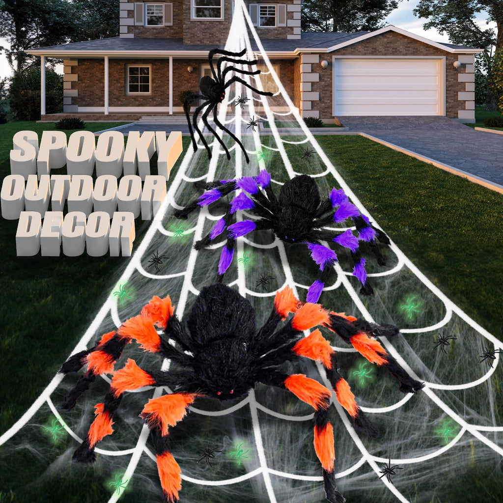 Haunt & Co JoyX Giant Halloween Spider Web Decoration Set, 23 ft Huge Web with 50" Large Spider, LED Light, and Glow in The Dark Spiders