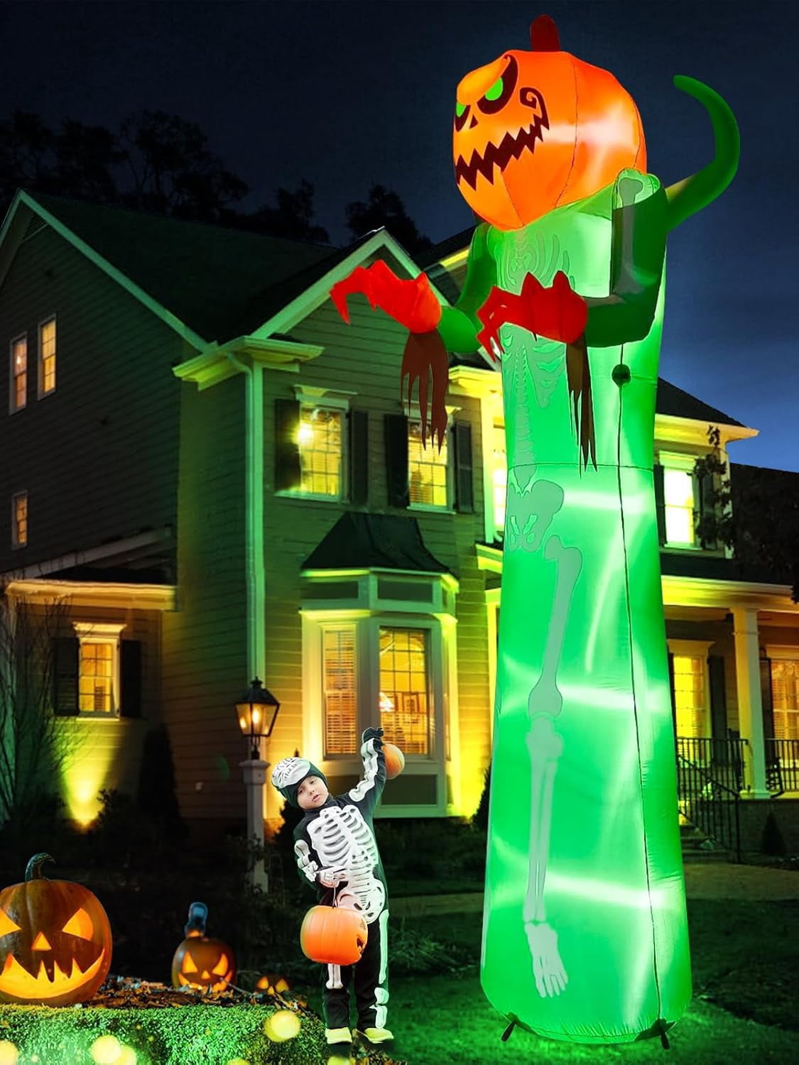 Haunt & Co 12FT Halloween Inflatable with LED Lights - Giant Pumpkin & Skeleton Outdoor Decoration