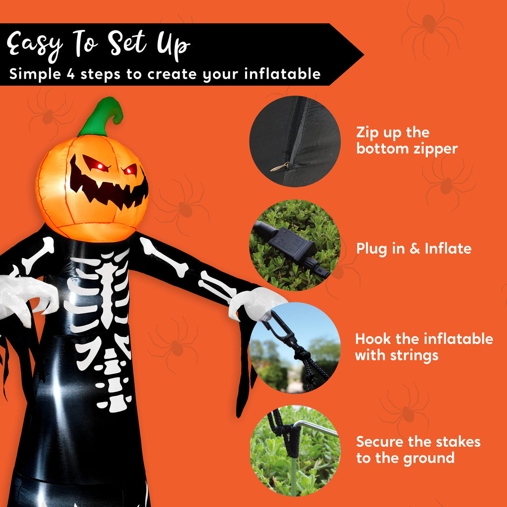Haunt & Co 9 ft Halloween Inflatables Pumpkin Skeleton Decorations with Built-in LED Lights,Large Blow Up Decoration