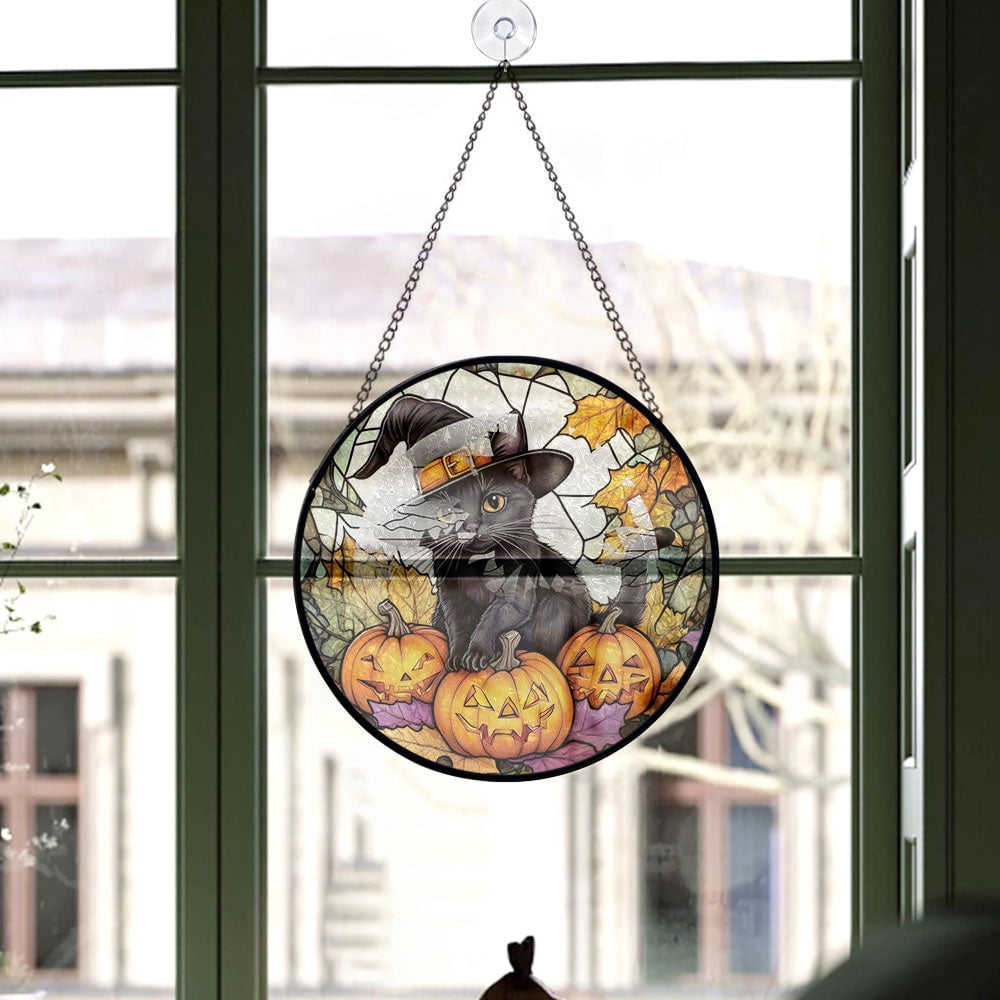 Haunt & Co Hobby Christmas Gift - Black Cat Halloween Whimsical Goth Christmas Stained Glass Hanging Ornament - Modern Tree Decor, Christmas Gift for Mom, Dad, Friends, Family