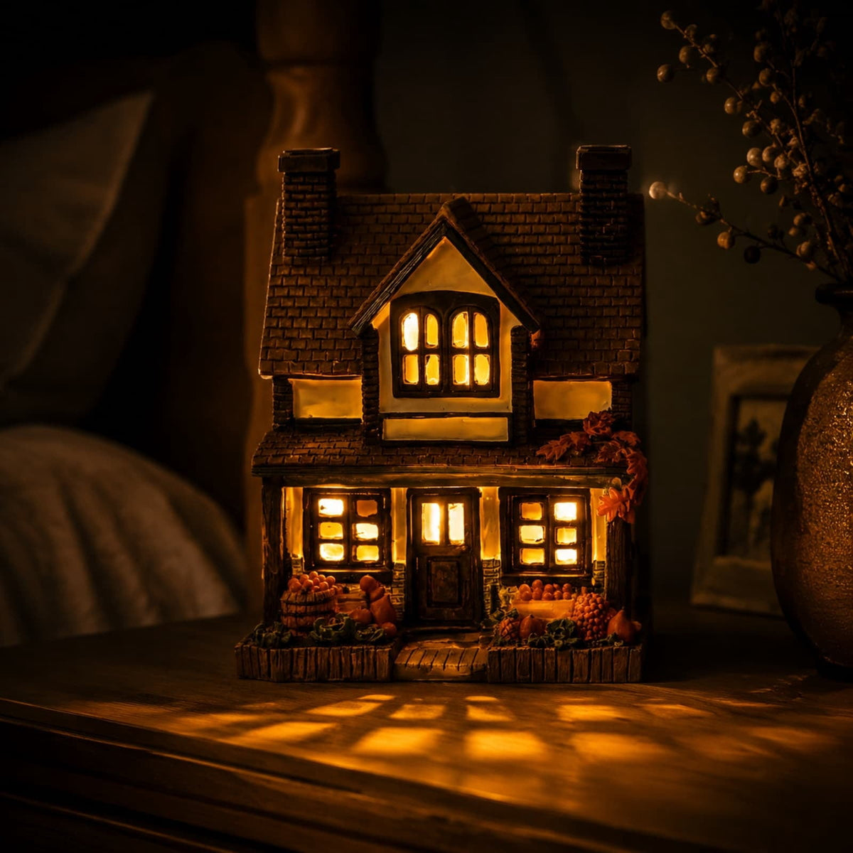 Haunt & Co Light Up Halloween House Tabletop Decor, LED Spooky Resin House with Witch Ghost Pumpkin Scene, Glowing Decoration for Mantel Shelf Party