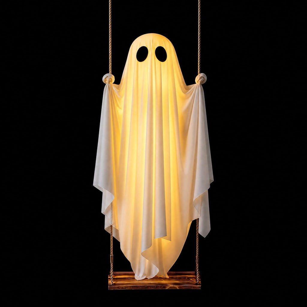 Haunt & Co Fabric Ghost Halloween Ornament, Swinging Solar Light Decor for Tree Yard Porch