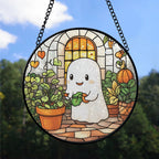 Haunt & Co Inspirational Christmas Gift - Cute Ghost Reading Book Halloween Ghost Fall Hosting Stained Glass Hanging Ornament - Sparkling Christmas Tree Decoration, Holiday Gift for Family & Friends