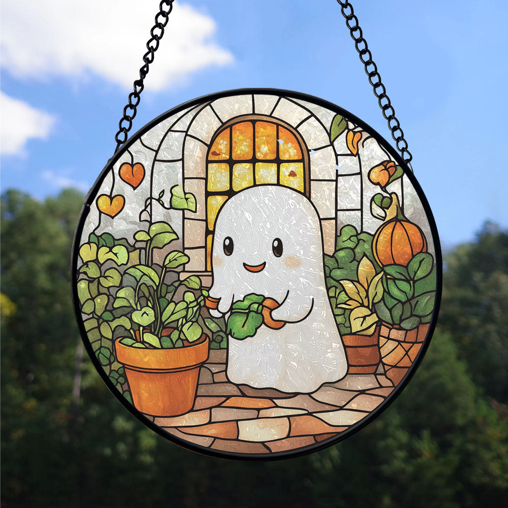 Haunt & Co Inspirational Christmas Gift - Cute Ghost Reading Book Halloween Ghost Fall Hosting Stained Glass Hanging Ornament - Sparkling Christmas Tree Decoration, Holiday Gift for Family & Friends