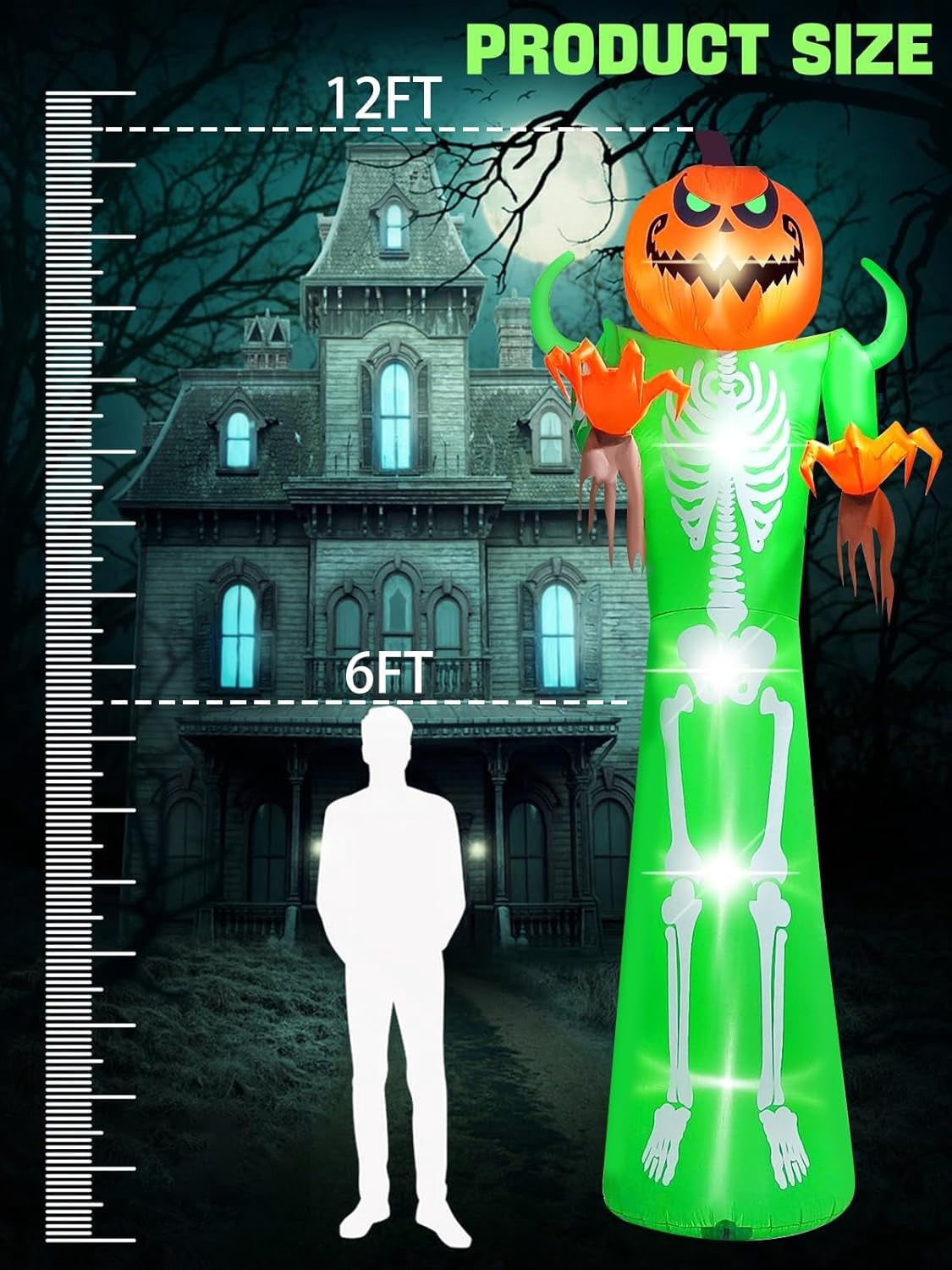 Haunt & Co 12FT Halloween Inflatable with LED Lights - Giant Pumpkin & Skeleton Outdoor Decoration
