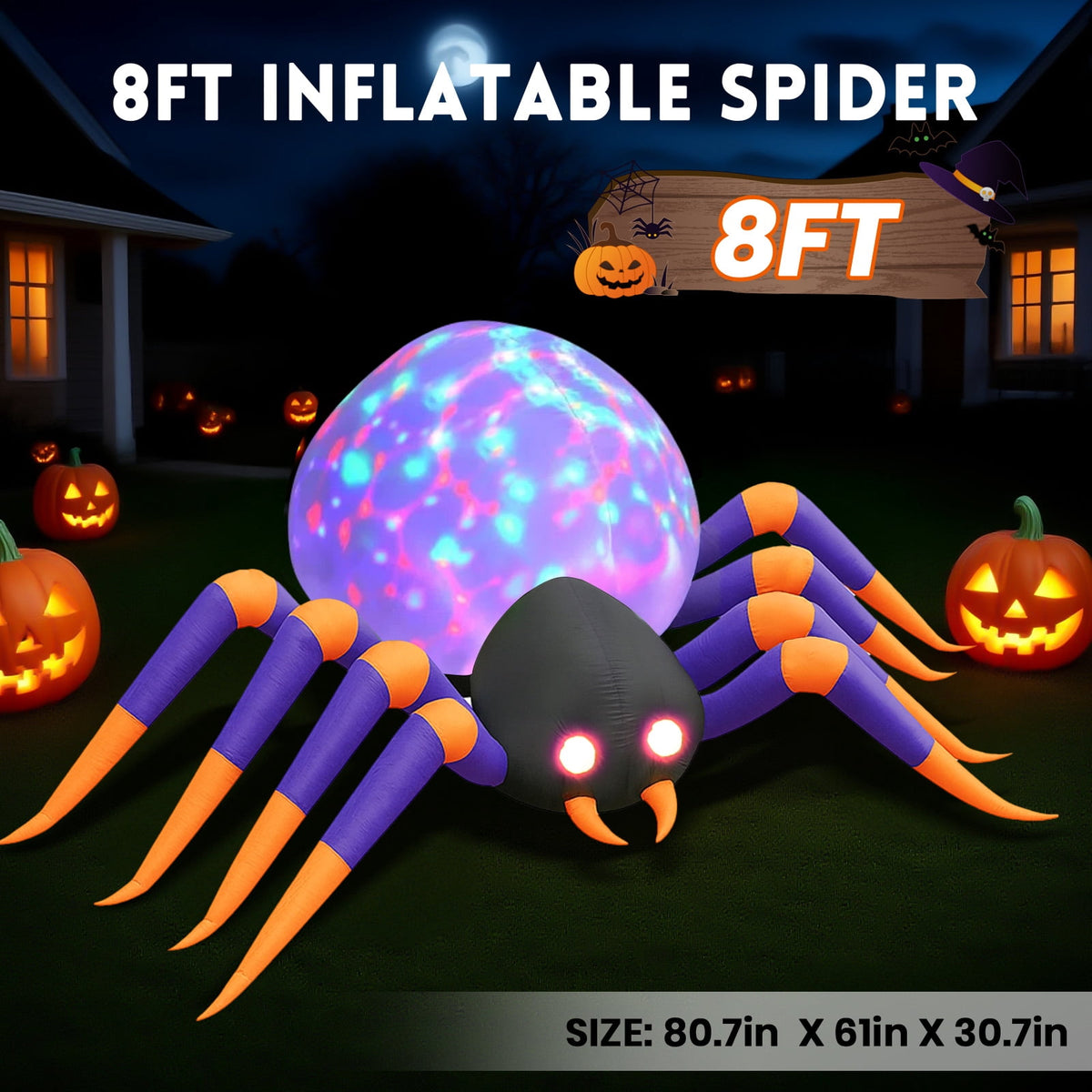Haunt & Co 8 FT Halloween Spider Inflatables Outdoor Decorations, Blow Up Yard Decoration with Built-in LED Lights for Holiday, Party, Yard, Garden