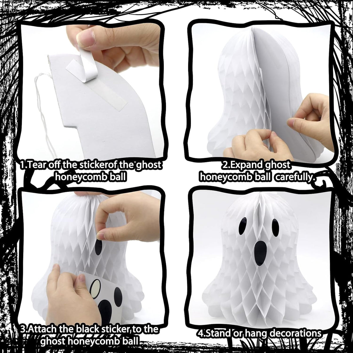 Haunt & Co 10 PCS Halloween Ornaments Hanging Cute White Black Ghost Honeycomb Decoration Halloween Tree Decorations Paper Ghost Table Decor for Home Office Classroom Holiday Party Supplies