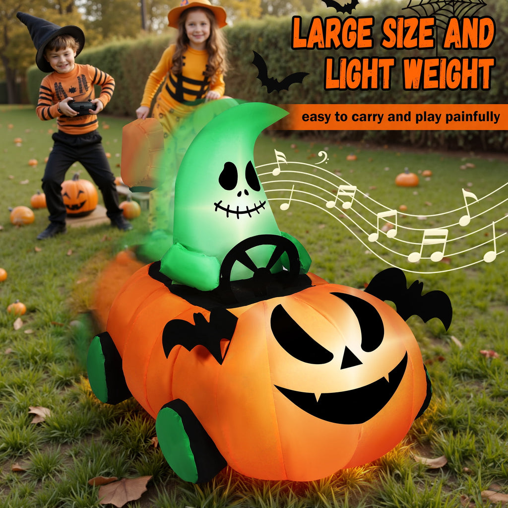 Haunt & Co 2.6ft Halloween Inflatable with Music and Lights,Remote Control Pumpkin Ghost Car,Blow ups Rc Car,Indoor Outdoor,Orange Green