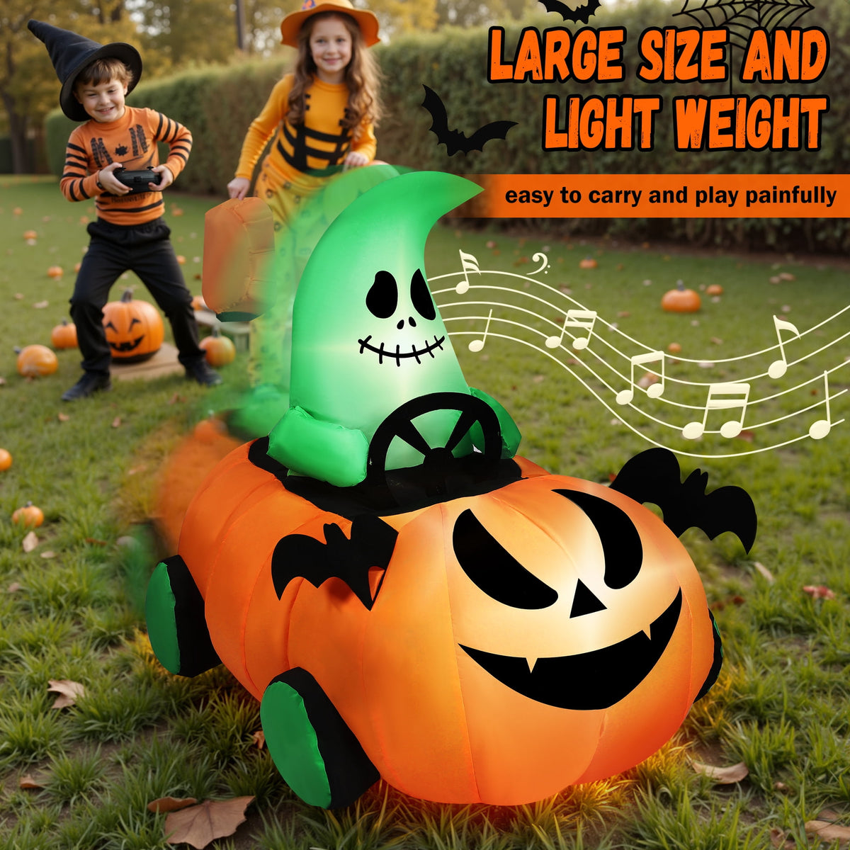 Haunt & Co 2.6ft Halloween Inflatable with Music and Lights,Remote Control Pumpkin Ghost Car,Blow ups Rc Car,Indoor Outdoor,Orange Green