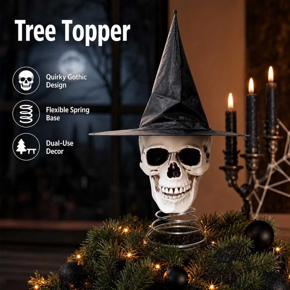 Haunt & Co Halloween Tree Topper, Skeleton Xmas Tree Topper, Halloween Skeleton Trees Decoration, Plastic Skull Ornament with Metal Spring Base, Spooky Holiday Home Party Decor
