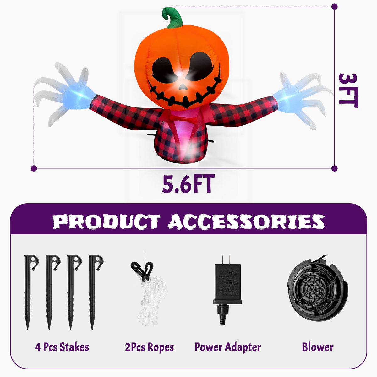 Haunt & Co 5 FT Halloween Inflatable Pumpkin Ghost - Outdoor LED Blow-Up Decoration with Giant Arms, Light-Up Eyes, Waterproof Yard Decor