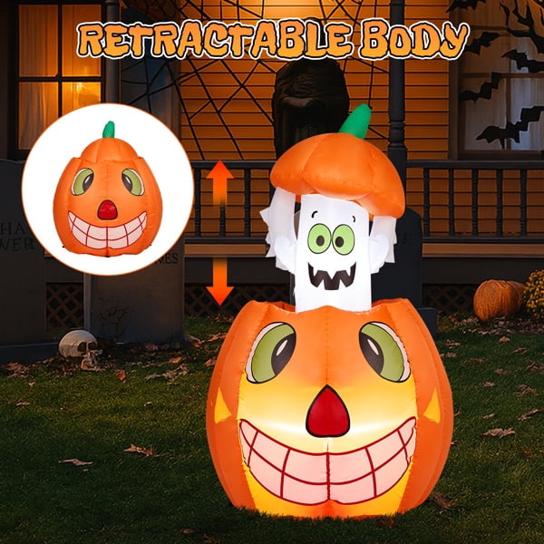 Haunt & Co 2.8FT Halloween Inflatable Animated Pumpkin Ghost, 2 White LED Lights, Weather-Resistant Polyester, for Small Spaces/Accent Decor