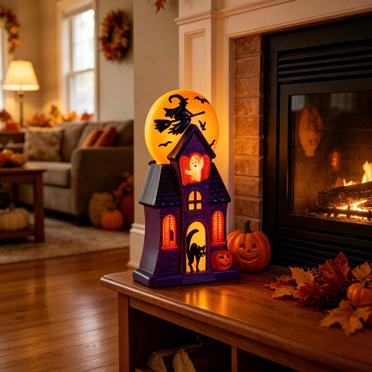 Haunt & Co 11.8 Inch Resin Light Up Spooky Halloween Manor Tabletop Decor Battery Operated LED Witch Ghost Black Cat Pumpkin Scene Lamp Mantel Shelf Indoor Halloween Party Home Seasonal Ornament