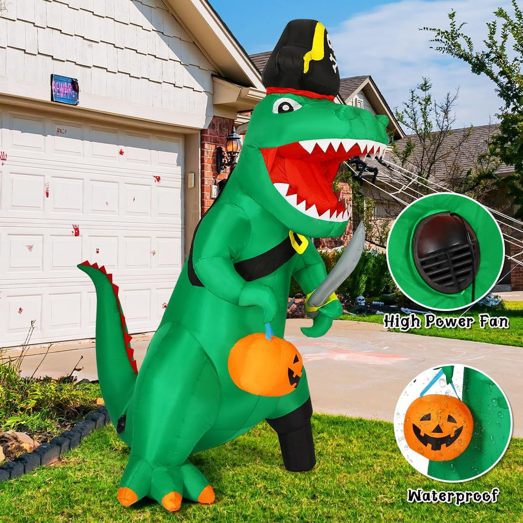 Haunt & Co 7FT Outdoor Halloween Dinosaur Inflatable, Halloween Inflatables Blow up Dinosaur, Green Pirate Dino Dinosaur Halloween Inflatable for Holiday/Party