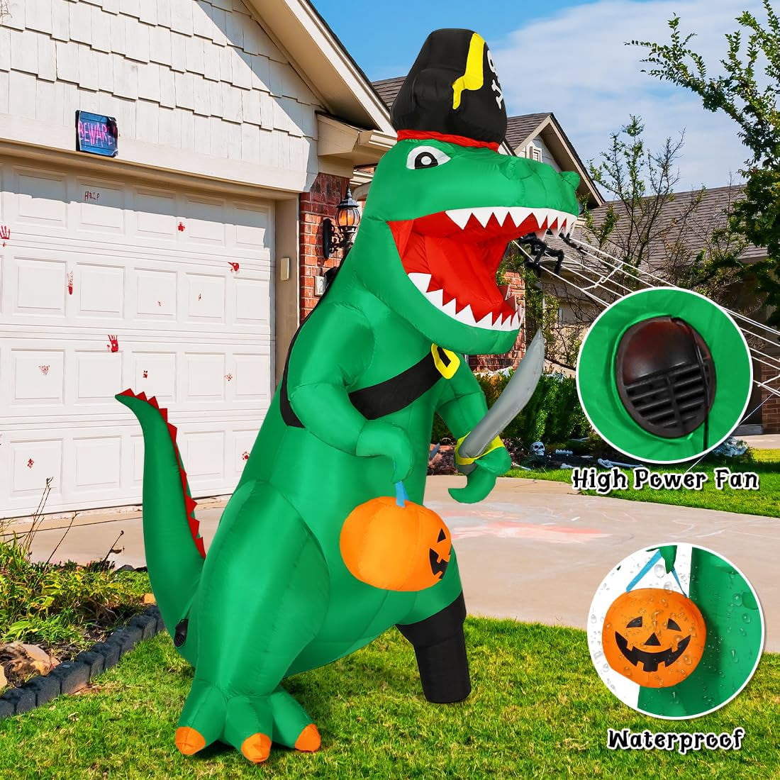 Haunt & Co 7FT Outdoor Halloween Dinosaur Inflatable, Halloween Inflatables Blow up Dinosaur, Green Pirate Dino Dinosaur Halloween Inflatable for Holiday/Party