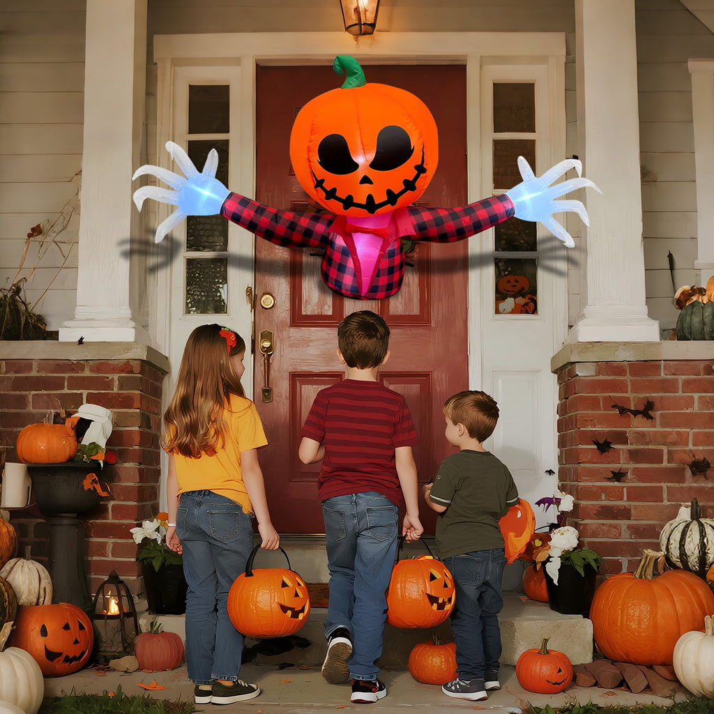Haunt & Co 5 FT Halloween Inflatable Pumpkin Ghost - Outdoor LED Blow-Up Decoration with Giant Arms, Light-Up Eyes, Waterproof Yard Decor