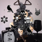 Haunt & Co Black Gothic Christmas Tree Decorations with Scary Skull Christmas Tree Skirt, Large Decorative Tree Topper Bow, 12Pcs Tree Hanging Ornaments for Winter Halloween Xmas Tree Decor