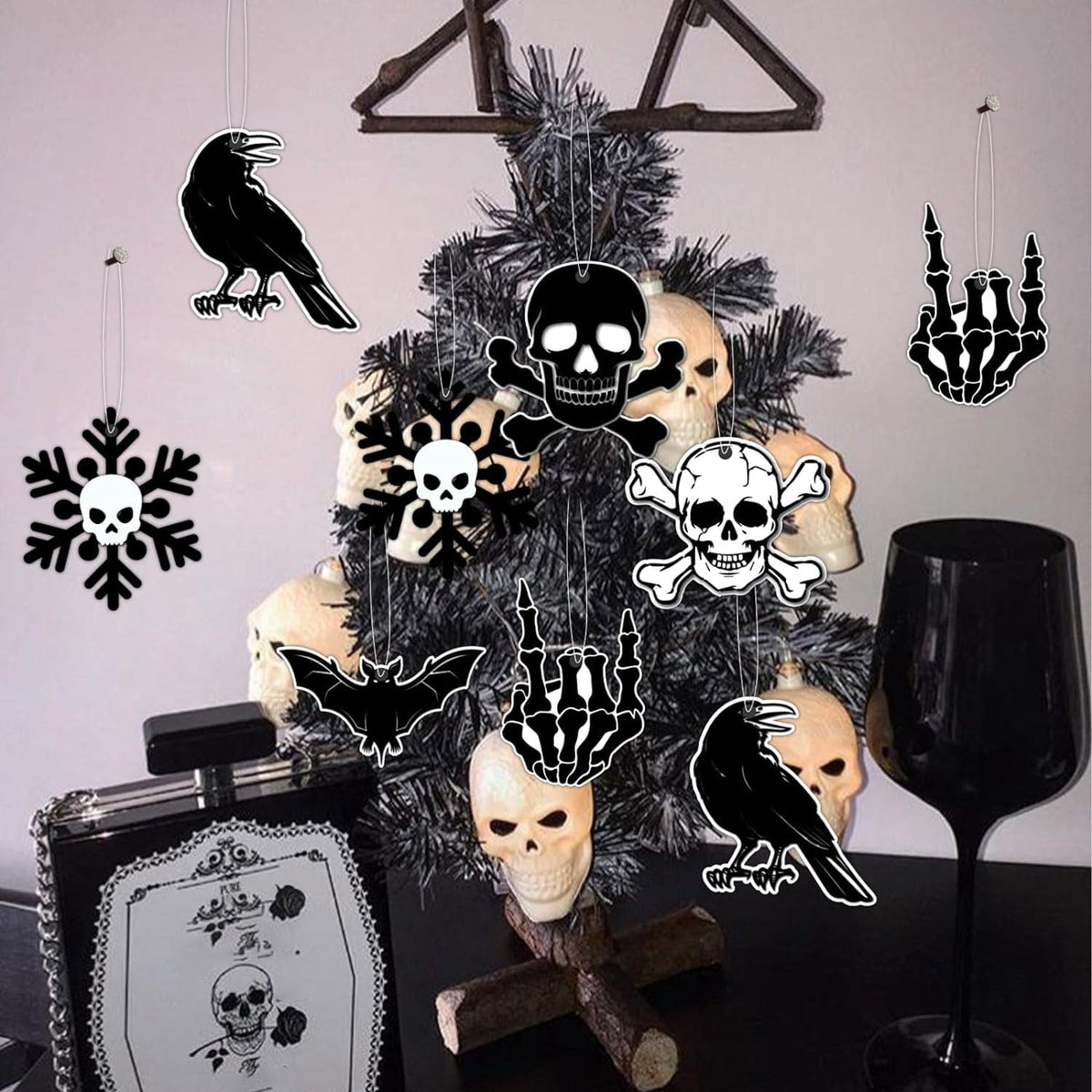 Haunt & Co Black Gothic Christmas Tree Decorations with Scary Skull Christmas Tree Skirt, Large Decorative Tree Topper Bow, 12Pcs Tree Hanging Ornaments for Winter Halloween Xmas Tree Decor
