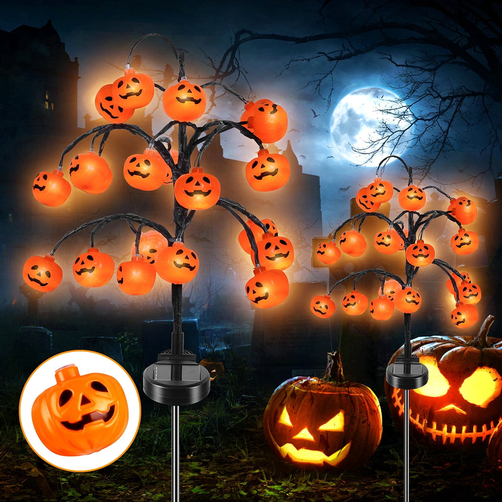 Haunt & Co 2 packs 40 LEDs Solar Halloween Pumpkin Stake Lights, 2 Modes Outdoor Waterproof , Solar Halloween Lights Stakes
