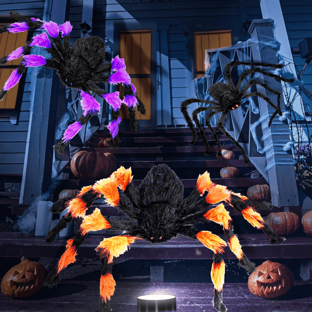 Haunt & Co JoyX Giant Halloween Spider Web Decoration Set, 23 ft Huge Web with 50" Large Spider, LED Light, and Glow in The Dark Spiders