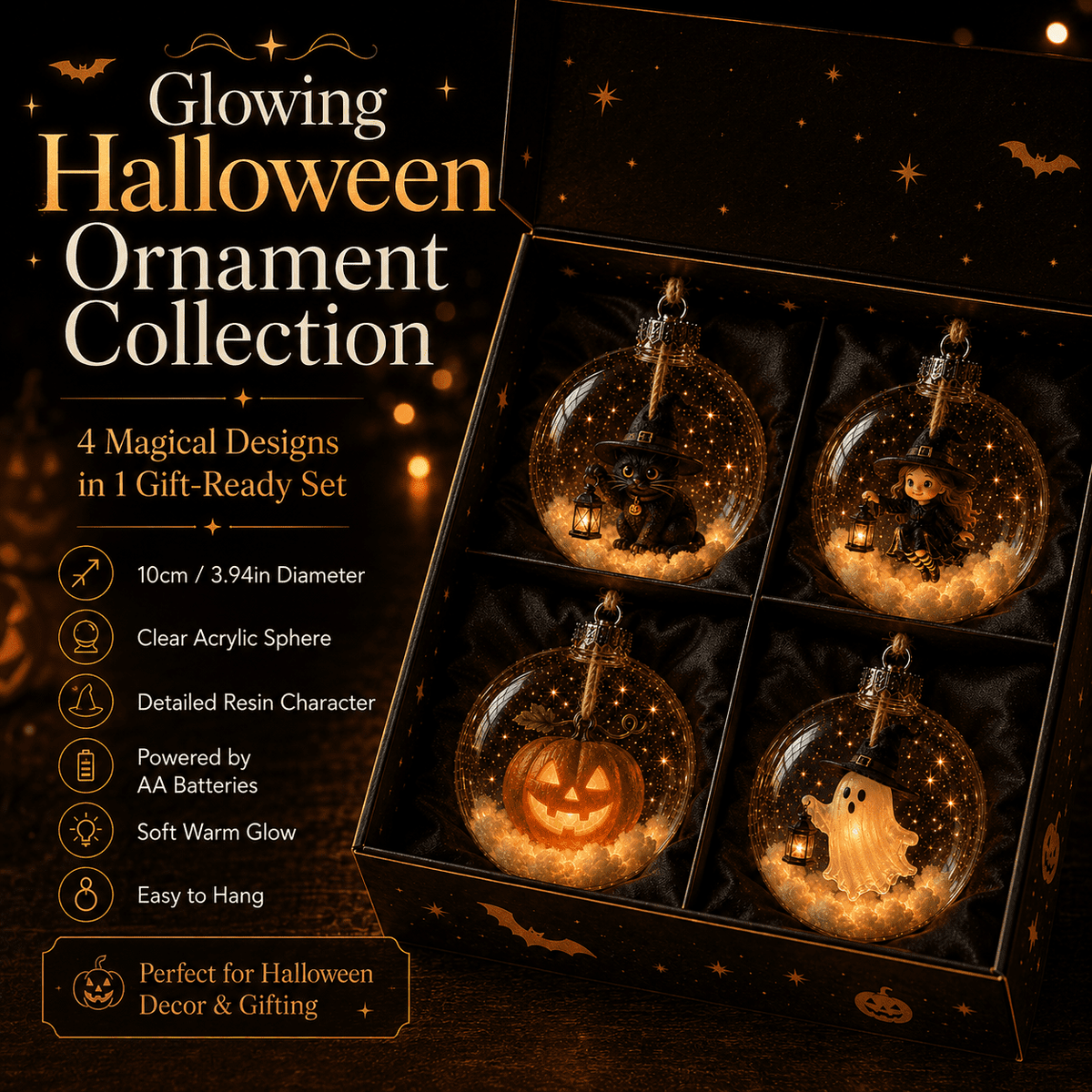 Haunt & Co Halloween Decorations Tree Ornaments Collection-Glowing Halloween Ornament Collection â?? Cat, Witch, Pumpkin & Ghost Baubles