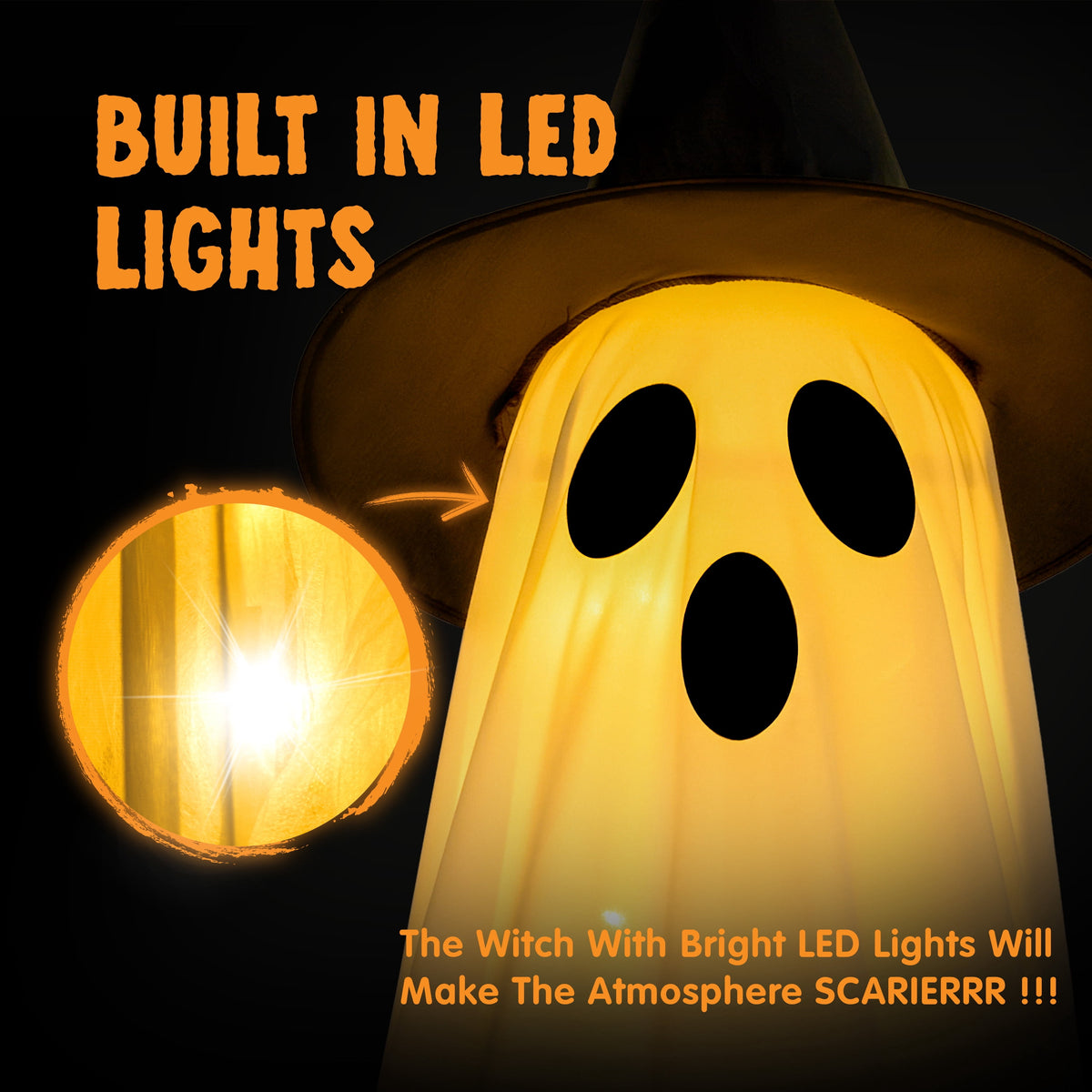 Haunt & Co 2 Packs Outdoor,Light Up Halloween Spooky Standing Ghost with Witch Hat,Scary Ghosts Decor with LED Lights