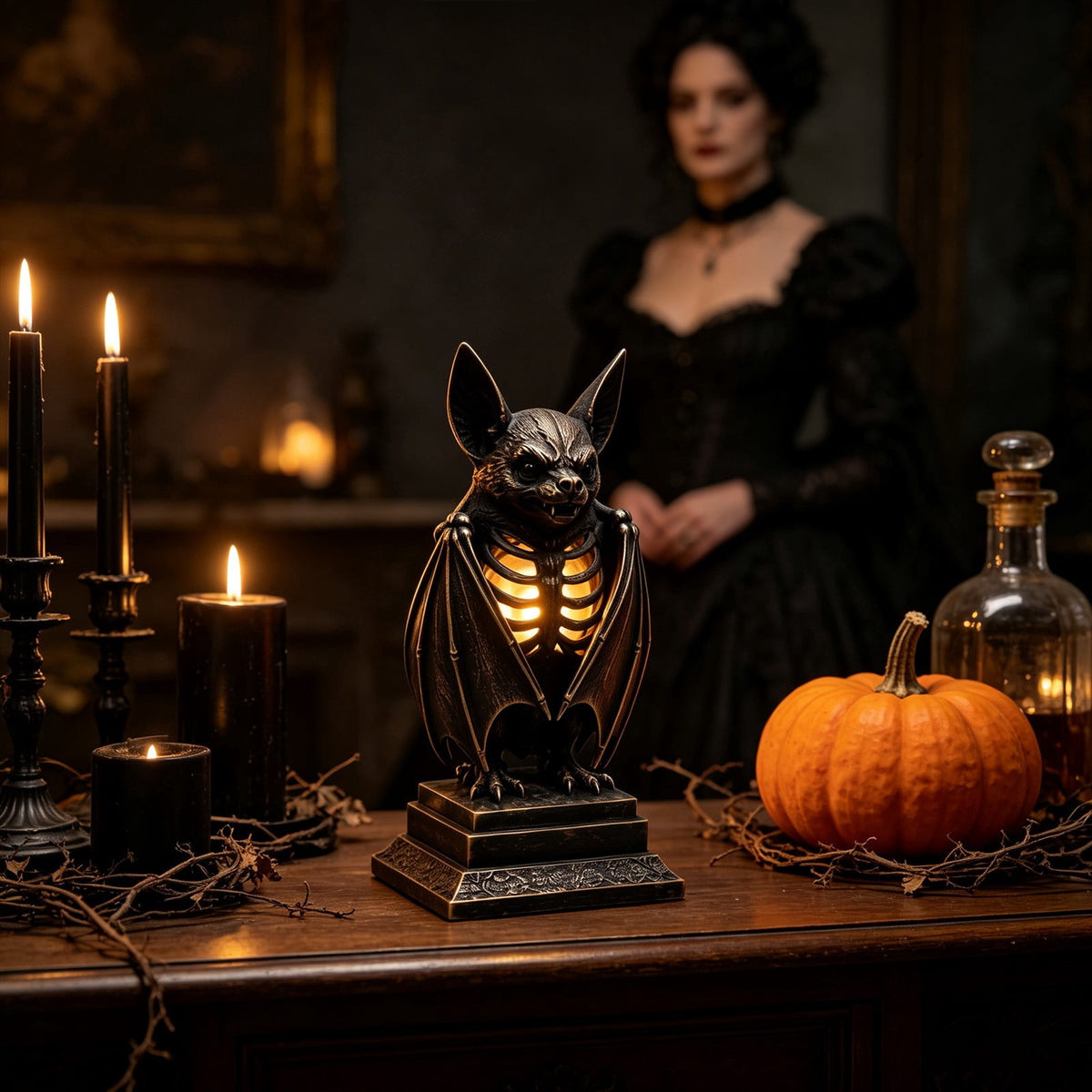 Haunt & Co Gothic Bat Skeleton Ambient Lamp, Resin LED Skull Night Light Vintage Decor, Bedside Accent Gift Haunted House Ornament, Halloween Figurine for Home Display,10.2 Inch