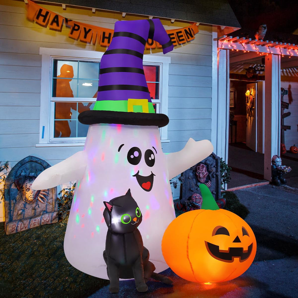 Haunt & Co Halloween Inflatables 5 FT Halloween Ghost Inflatable with LED Lights, Cute Ghost Blow Up with Wizard Hat Pumpkin Black Cat, Outdoor for Halloween Holiday Indoor Outdoor