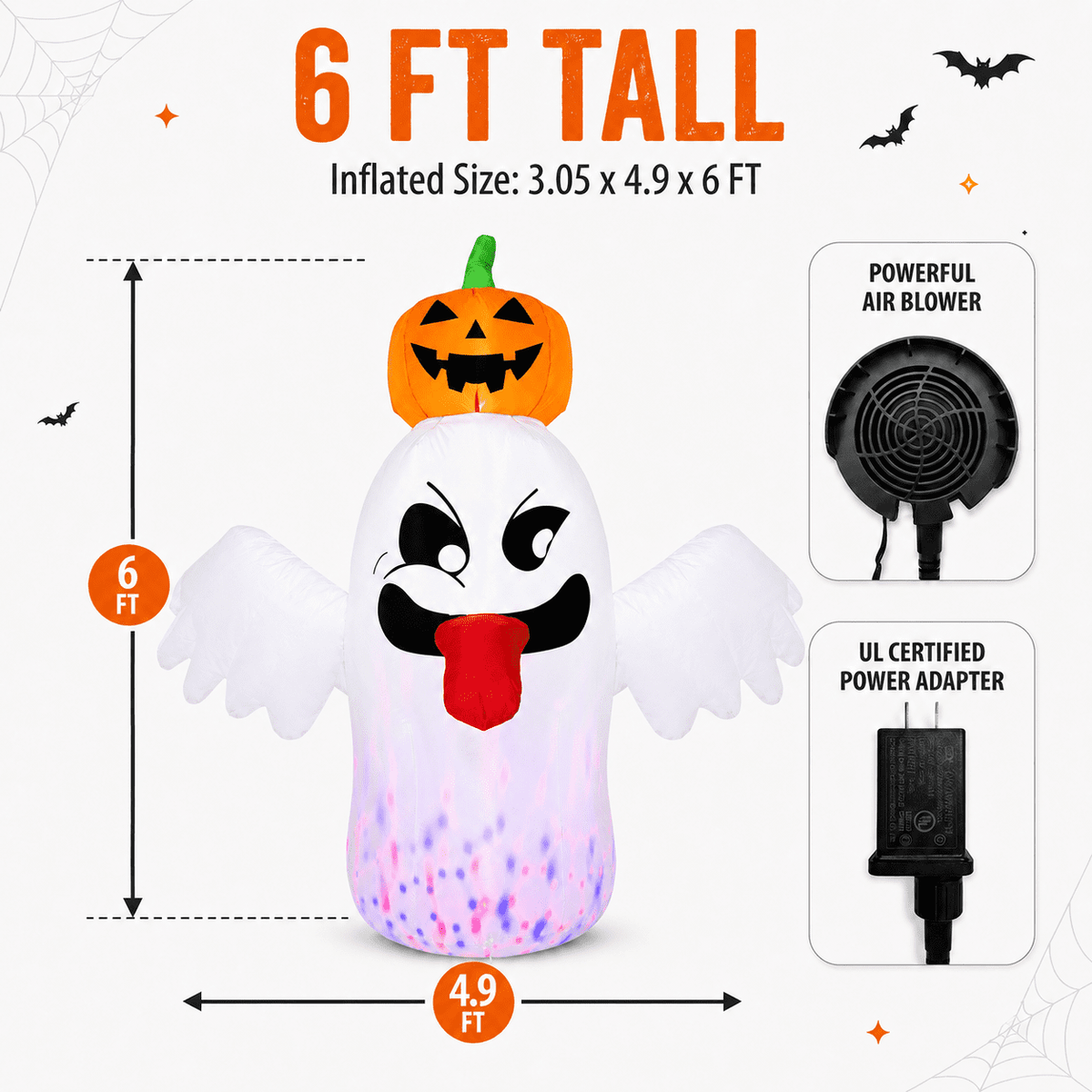 Haunt & Co 6FT Halloween Inflatable Ghost with Pumpkin Head, Light-Up Blow Up Outdoor Yard Decoration with White and RGB LED Lights