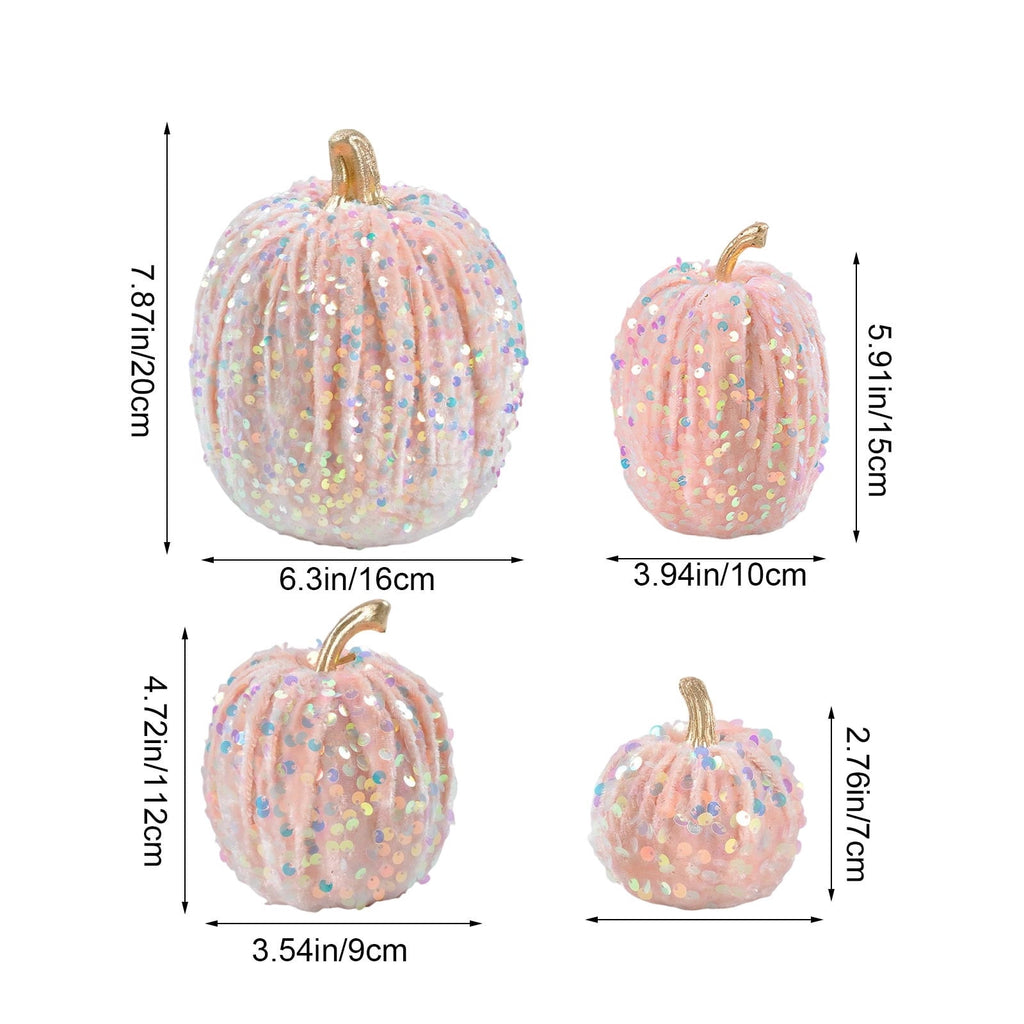 Haunt & Co Gaecuw 7 Pack Glitter Pumpkin Decor Sequin Velvet Fall Ornaments for Thanksgiving Table, Halloween Display, Mixed Sizes, Beige