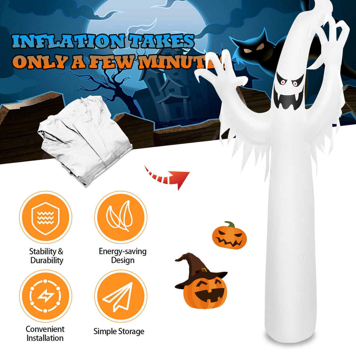 Haunt & Co Gymax 12ft Inflatable Halloween Ghost Blow Up Decoration w/ Built-in Flame Light