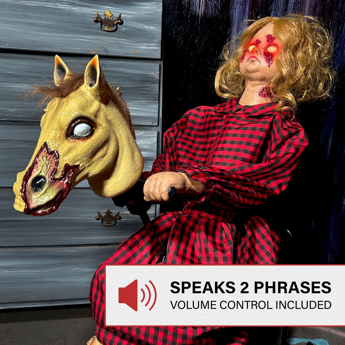 Haunt & Co 3.2 ft Voice & Sound-Sensor Rocking Horse Girl Halloween Animatronic