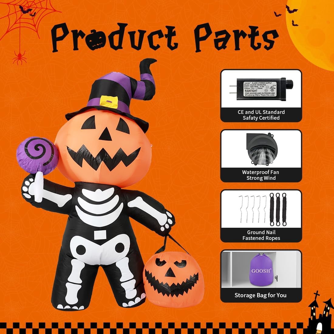 Haunt & Co Halloween Inflatables 6 FT Halloween Pumpkin Inflatable with Skull Body, Scary Blow Up Halloween Pumpkin Decoration with LED Lights, Outdoor Clearance for Holiday Party