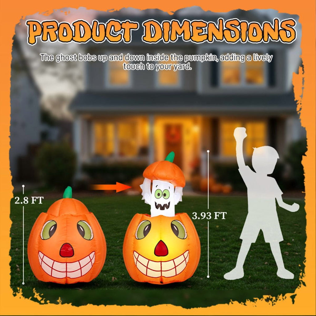 Haunt & Co 2.8FT Halloween Inflatable Animated Pumpkin Ghost, 2 White LED Lights, Weather-Resistant Polyester, for Small Spaces/Accent Decor