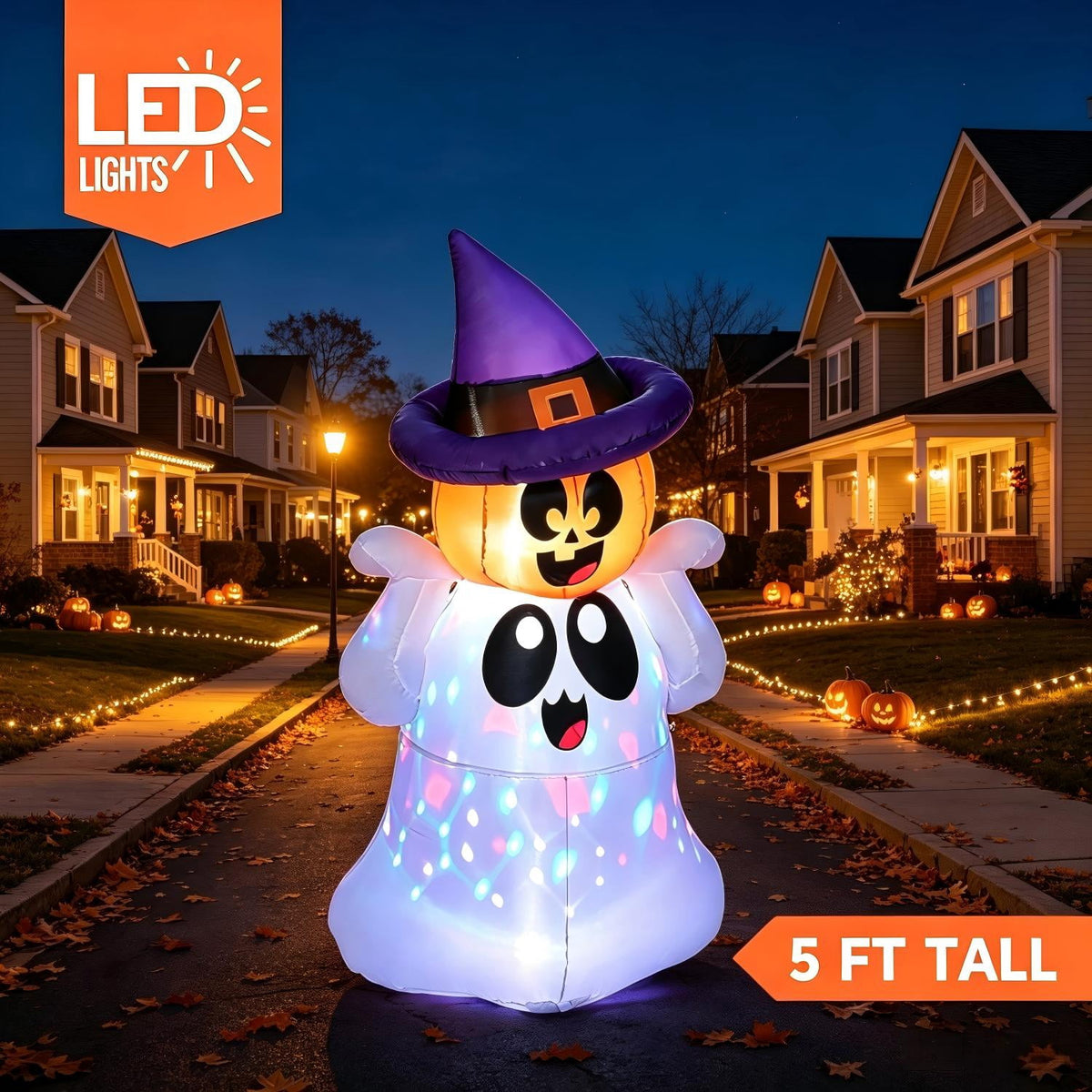 Haunt & Co 5Ft Halloween Inflatable Pumpkin Ghost with Colorful LED Lights,Halloween Blow Up Cute Decor