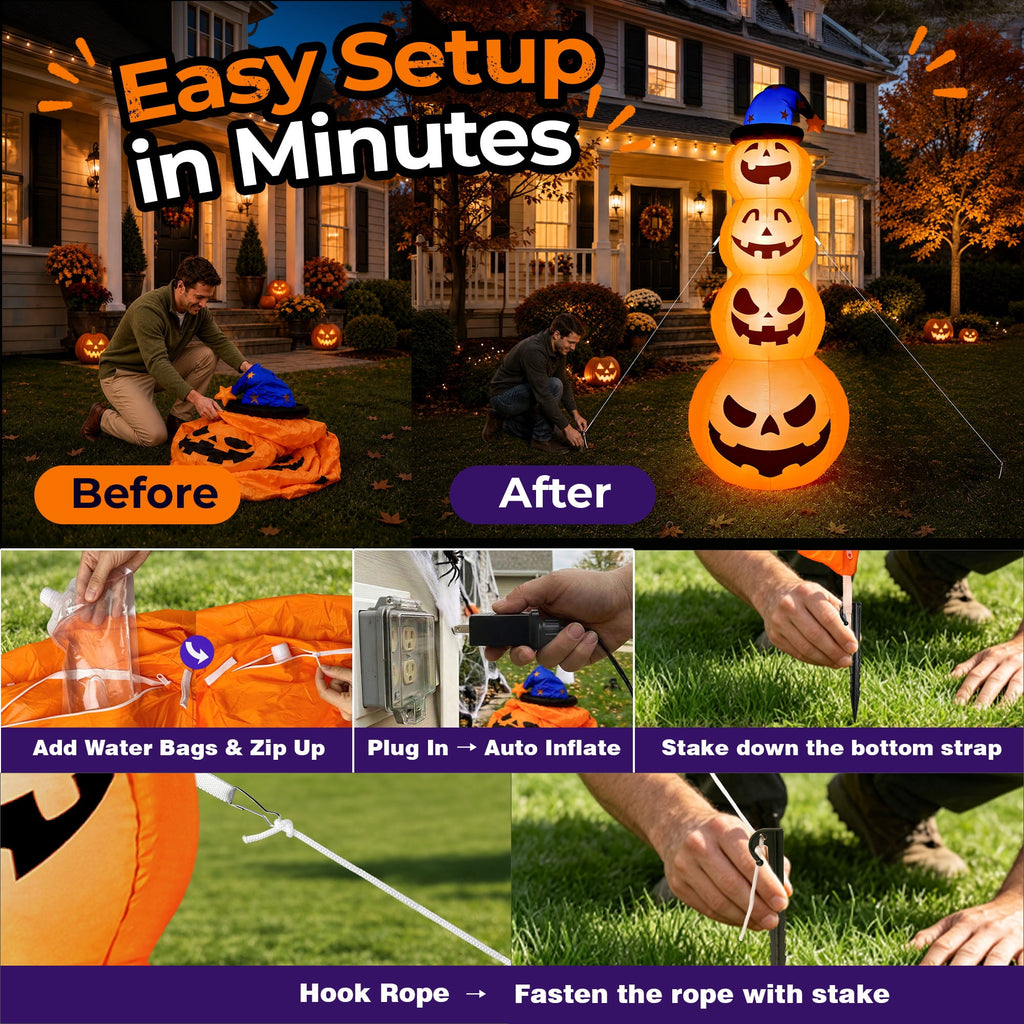 Haunt & Co 8ft Halloween Inflatable, Stacked Pumpkins with Witch Hat and Built-in LED Lights, Outdoor