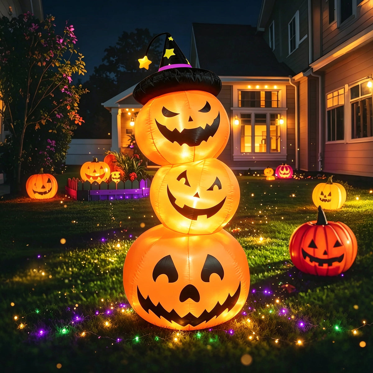 Haunt & Co Faburo 6FT Halloween Inflatable Pumpkin Stack with LED Lights, 3 Jack O Lantern Blow Up Outdoor