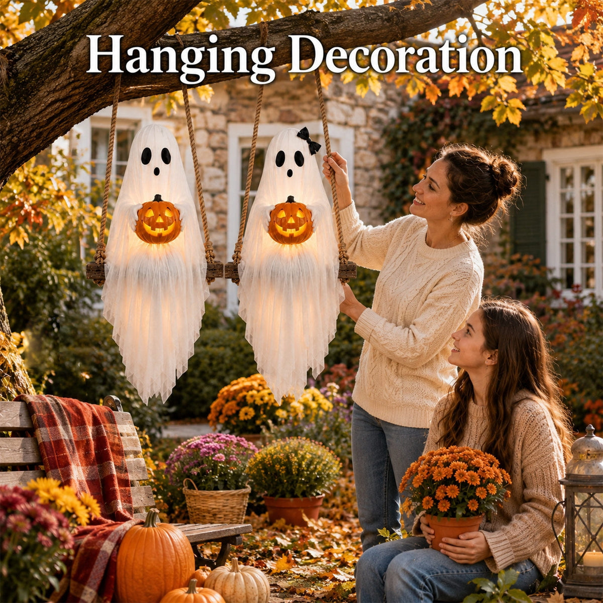 Haunt & Co Halloween Festival Ornament, Hanging Swing Ghost with LED Lights, 3.6FT Spooky Cute Ghost for Outdoor Lawn and Porch