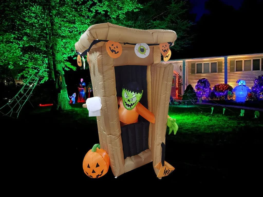 Haunt & Co 6FT Halloween Animated LED Inflatable Spooky Outhouse with Monster Holiday Yard Decoration
