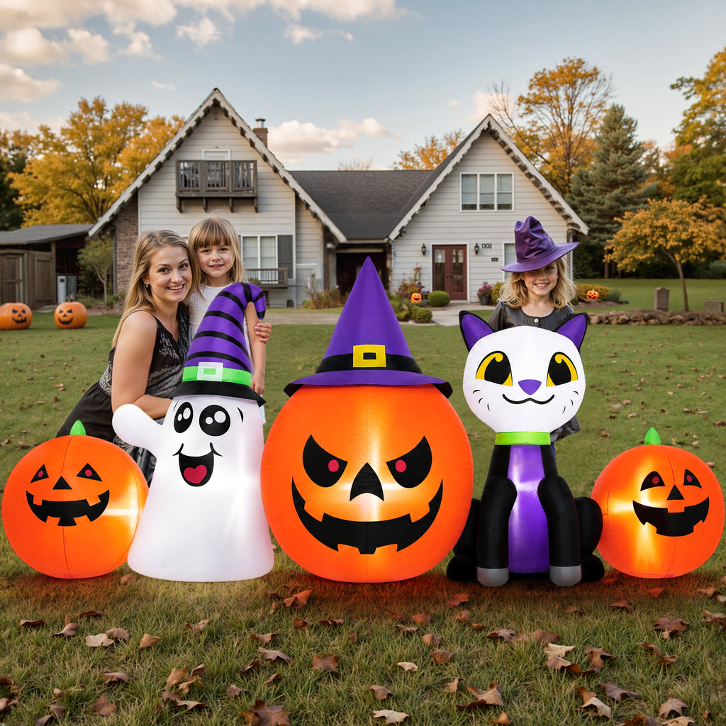 Haunt & Co (2 pack) 8FT Halloween Inflatable Pumpkins Ghost Cat with Lights,Blow ups Outdoor Decorations