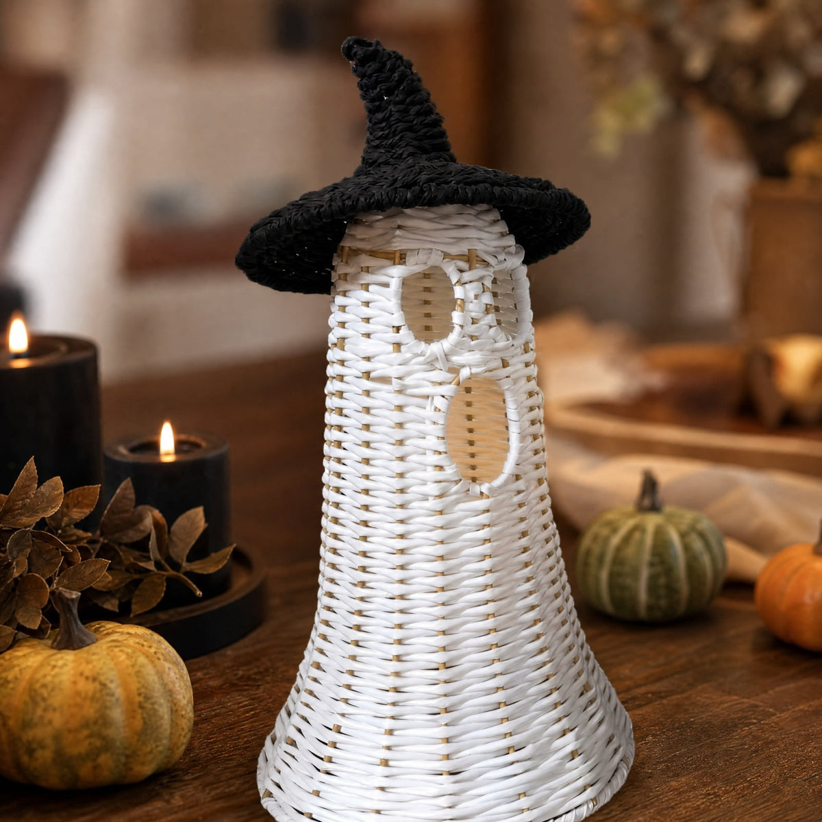 Haunt & Co White Ghost with Witch Hat, Ghost Ornaments Holiday Home Decor Halloween Tabletop Cute Ghost Figurines for Party Mantel Shelf Display Festive Celebrations