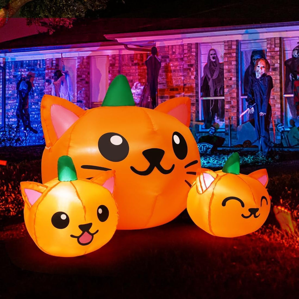Haunt & Co COMIN Halloween Inflatable 5 FT Long Three Pumpkin Cat Head Combo with Built-in LEDs, Blow Up Yard Decoration for Holiday Party Indoor, Outdoor, Yard, Garden, Lawn