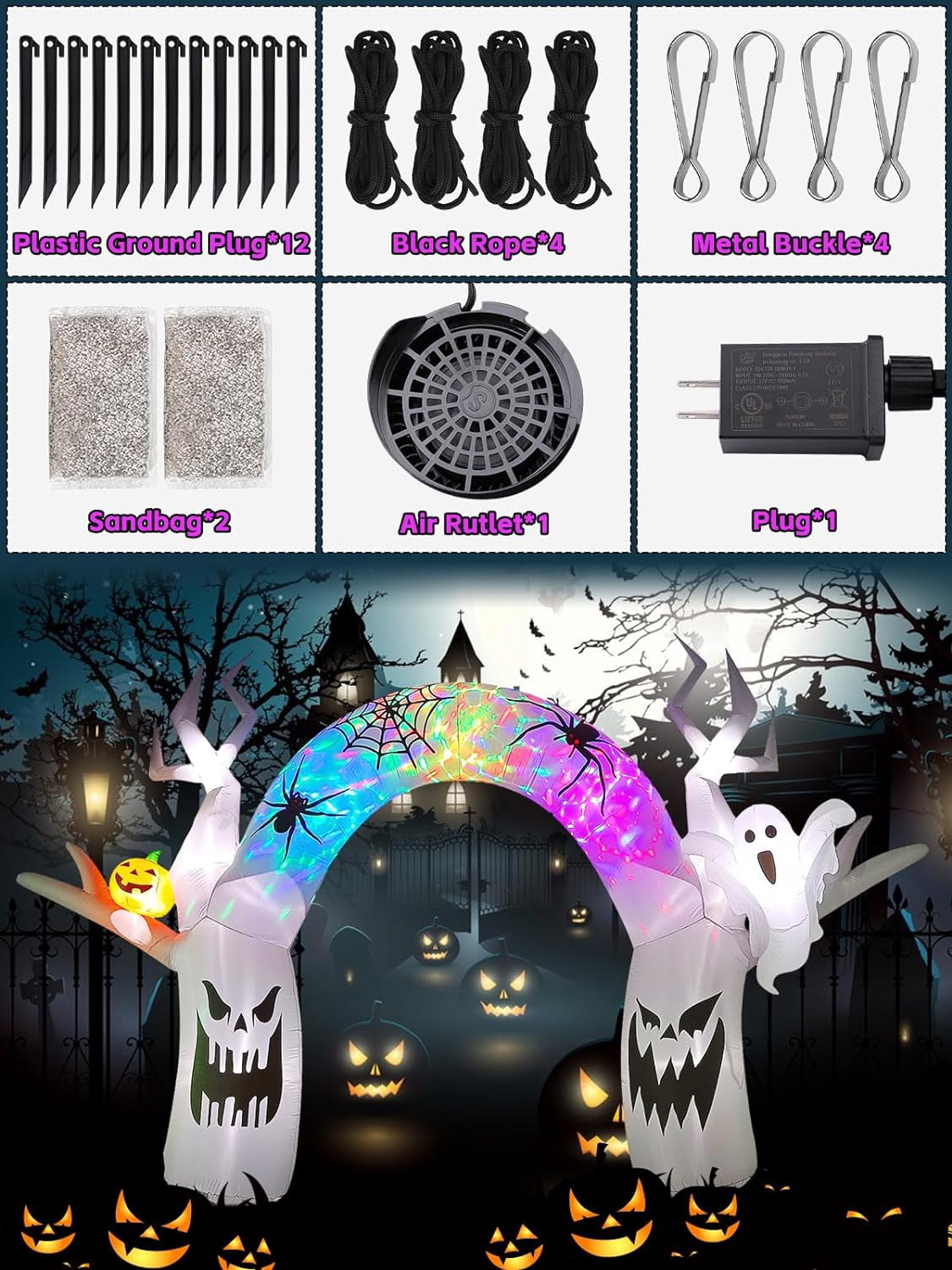 Haunt & Co 17FT Halloween Inflatable with Colorful Pumpkin & Ghost - Built-in LED Lights