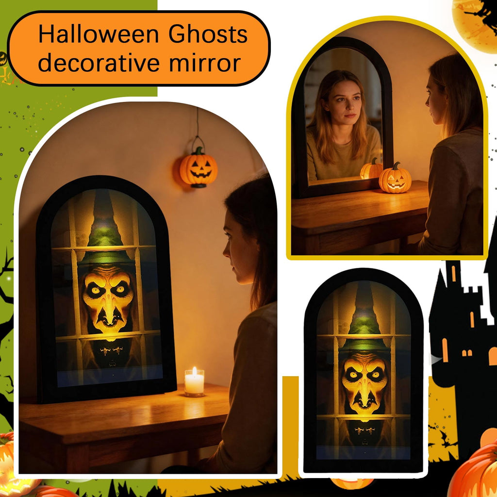 Haunt & Co Holographic Halloween Witch Mirror Decorative Metal Ornament for Holiday Ambience and Unique Festival Display